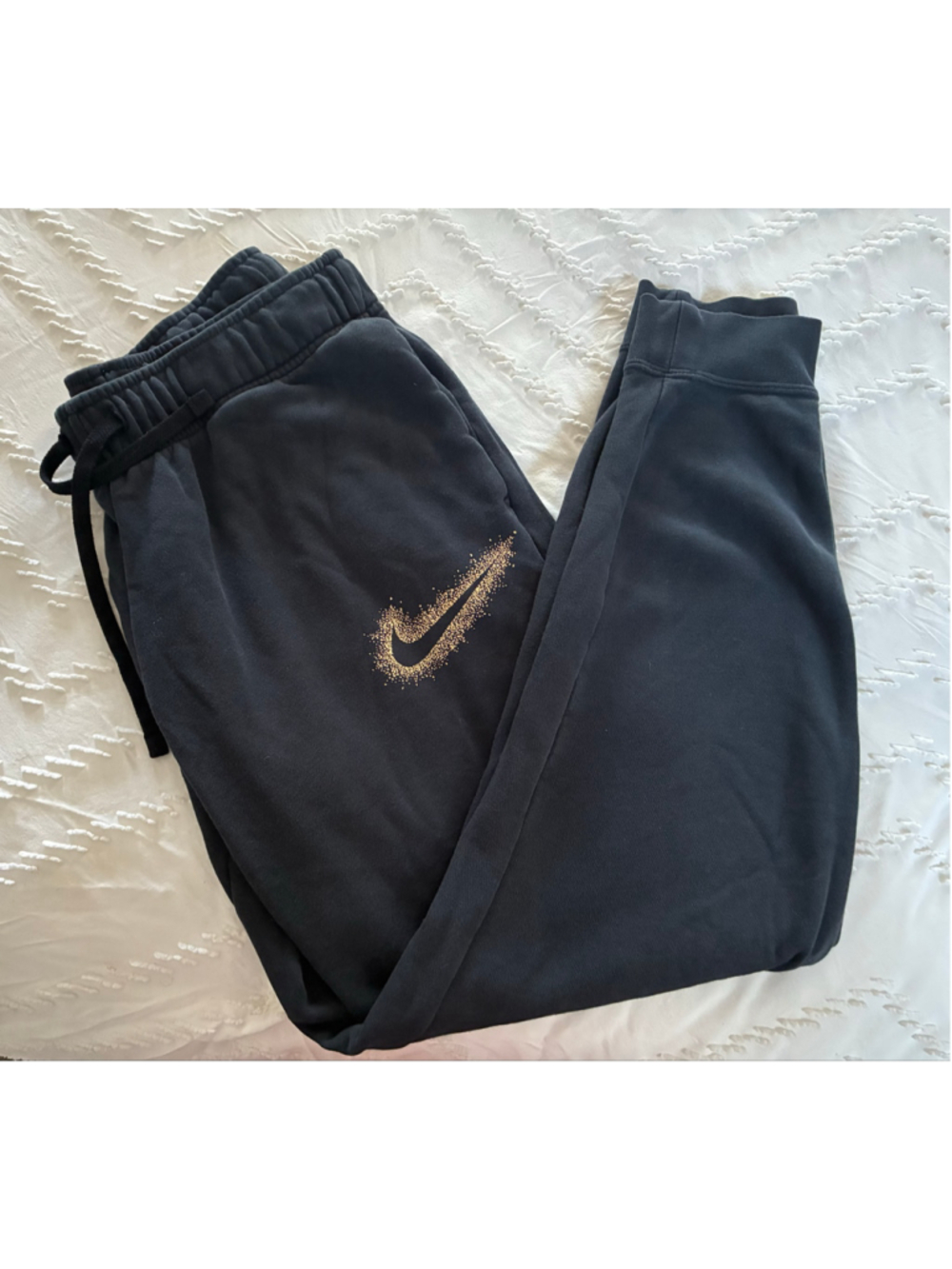 Women's Nike Joggers Size M Black and Gold Glitter Swoosh